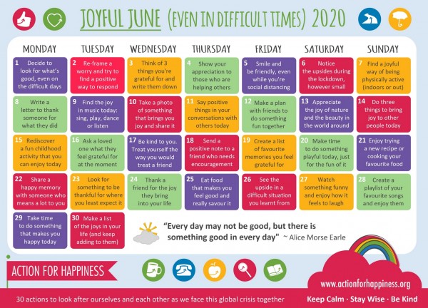 Action For Happiness Calendar For June 2020