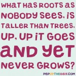 Riddle: What has roots as nobody sees, Is taller than trees, Up, up it goes, And yet never grows?