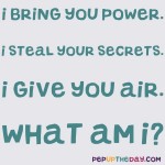 Riddle: I bring you power. I steal your secrets. I give you air. What am I?