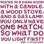 Riddle: You're In A Dark Room With A Candle, A Wood Stove, And A Gas Lamp. You Only Have One Match, So What Do You Light First?